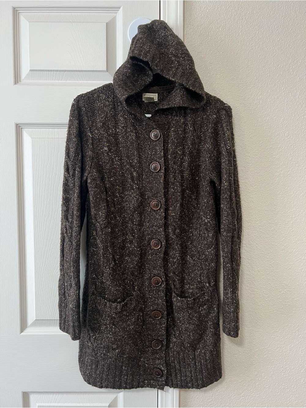L.L.Bean Hooded Wool Blend Cable Knit Cardigan Sweater Brown Size XS 0JSM9